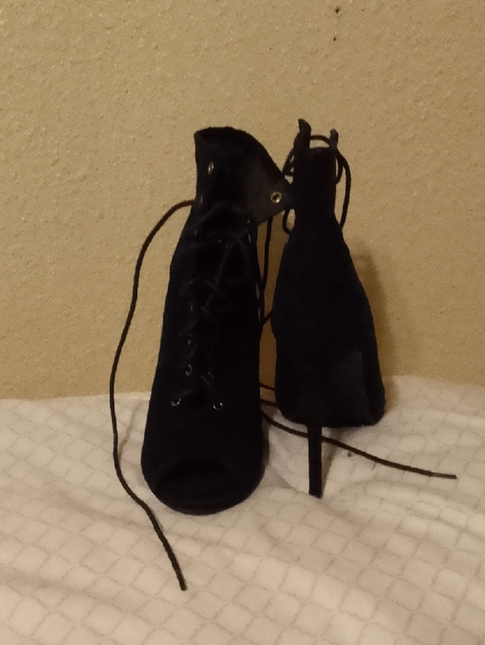 Lace-Up Black Peep Toe Stiletto Booties